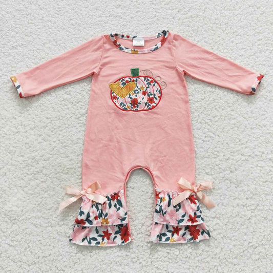 LR0278 Pink embroidered bow floral long-sleeved onesie