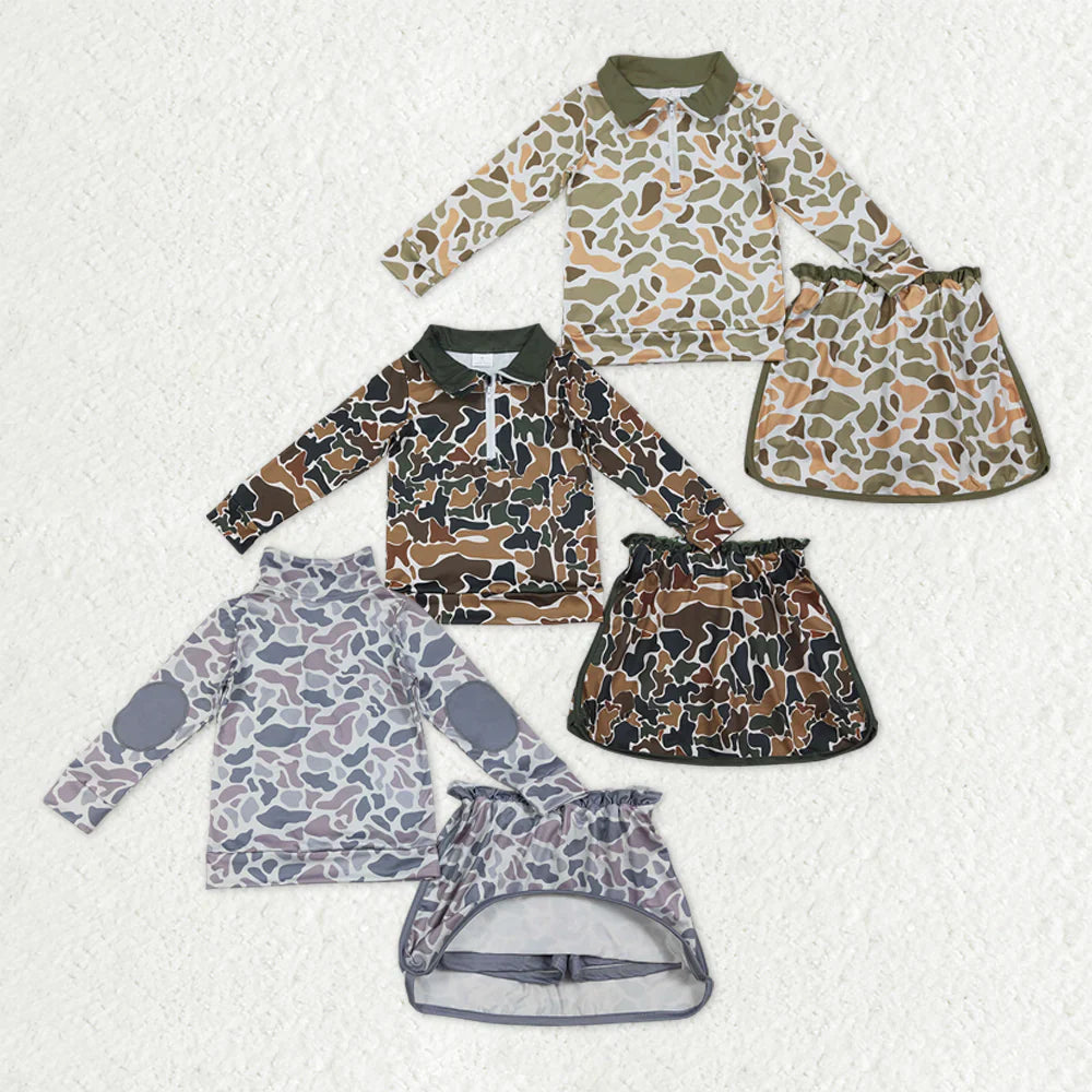 RTS Sibling Baby Girls Toddler Long Sleeves Camo Print Zipper Shirts Skirt Shorts Sets