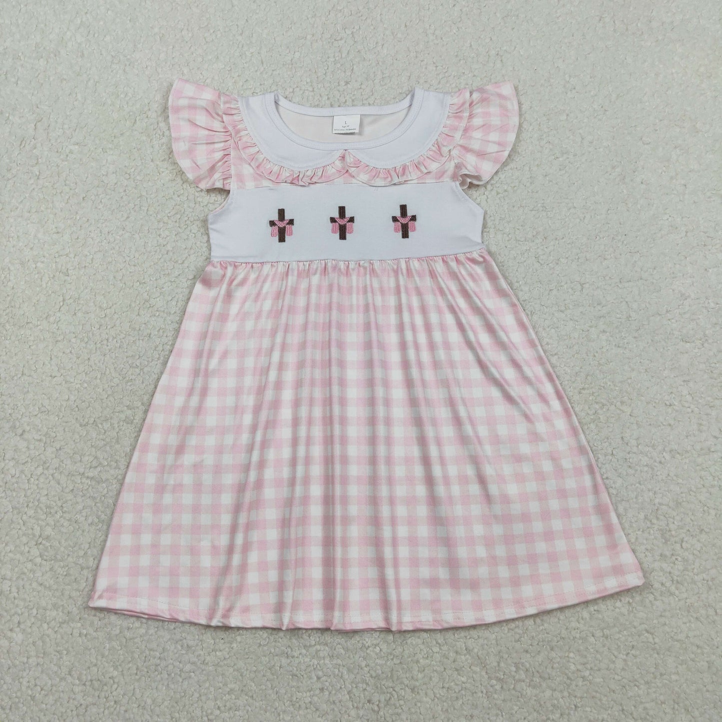 Baby Girls Short Sleeves Embroidery Crosses Easter Pink Plaid Knee Length Dress RTS