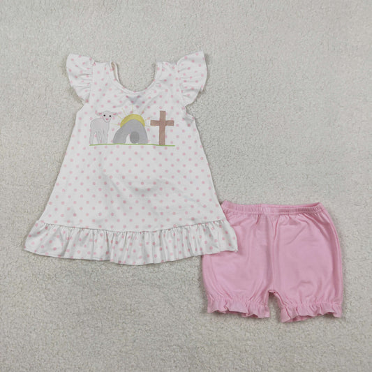 Baby Girls Kids Short Sleeves Cross Dots Bows Tunic Pink Shorts Easter Clothes Set RTS