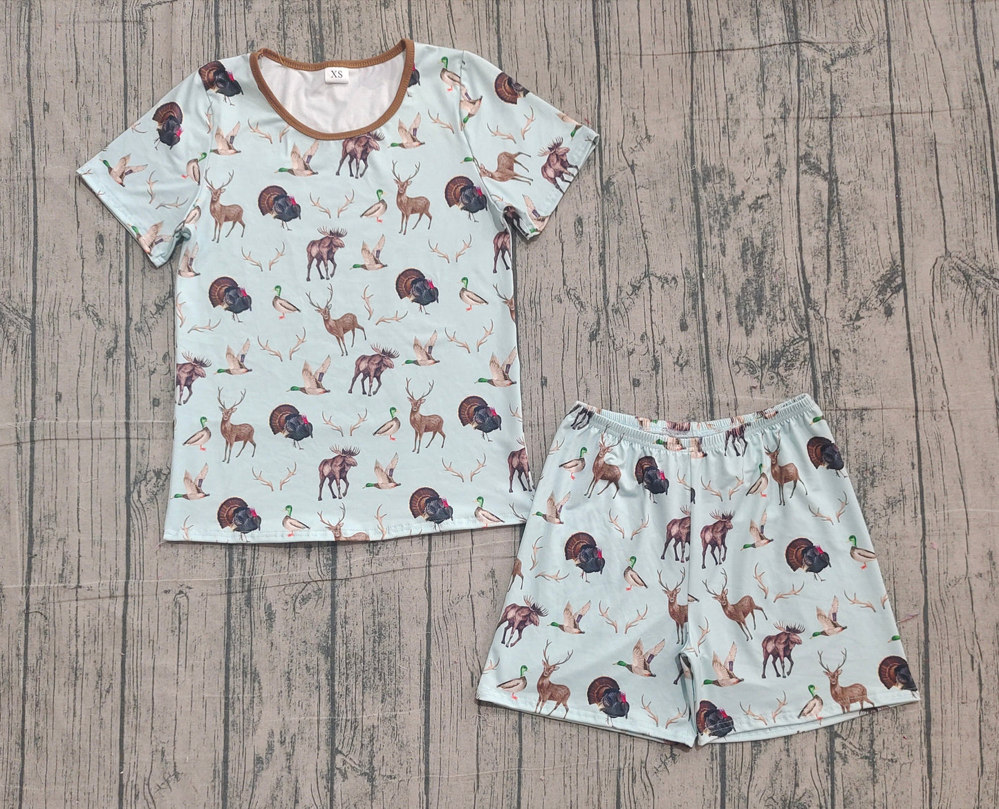 RTS Adult Man Short Sleeves Deer Ducks turkey Shirt Shorts Hunting Pajamas Set