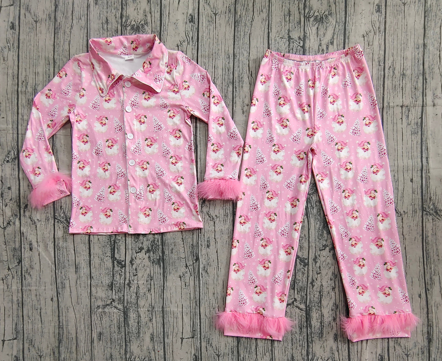 RTS Adult Woman Pink Fur Long Sleeves Santa Tree Buttons Shirt Pants Christmas Pajamas Set