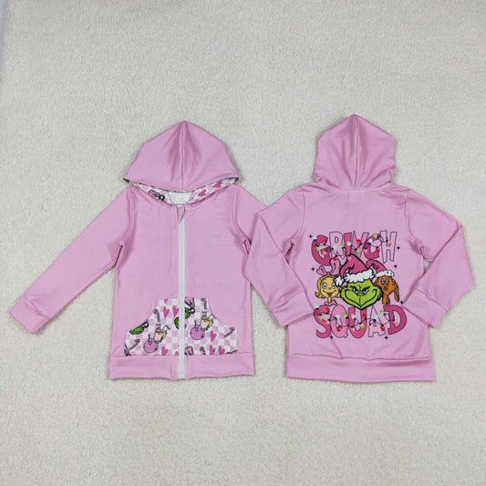 RTS Baby Girl Pink Long Sleeves Green Face Christmas Hoodie Zipper Pockets Tops