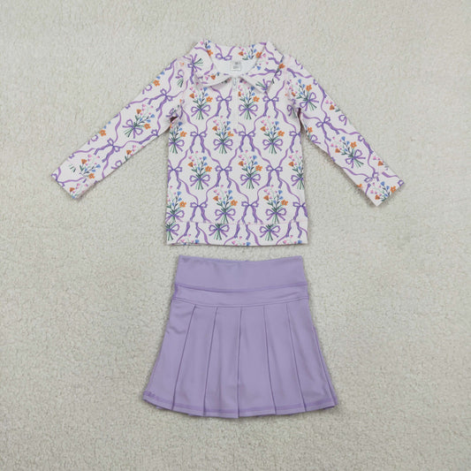 Baby Girls Floral Bows Zipper Shirt Shorts Skirt Skort Yoga Active Purple Clothes Set RTS