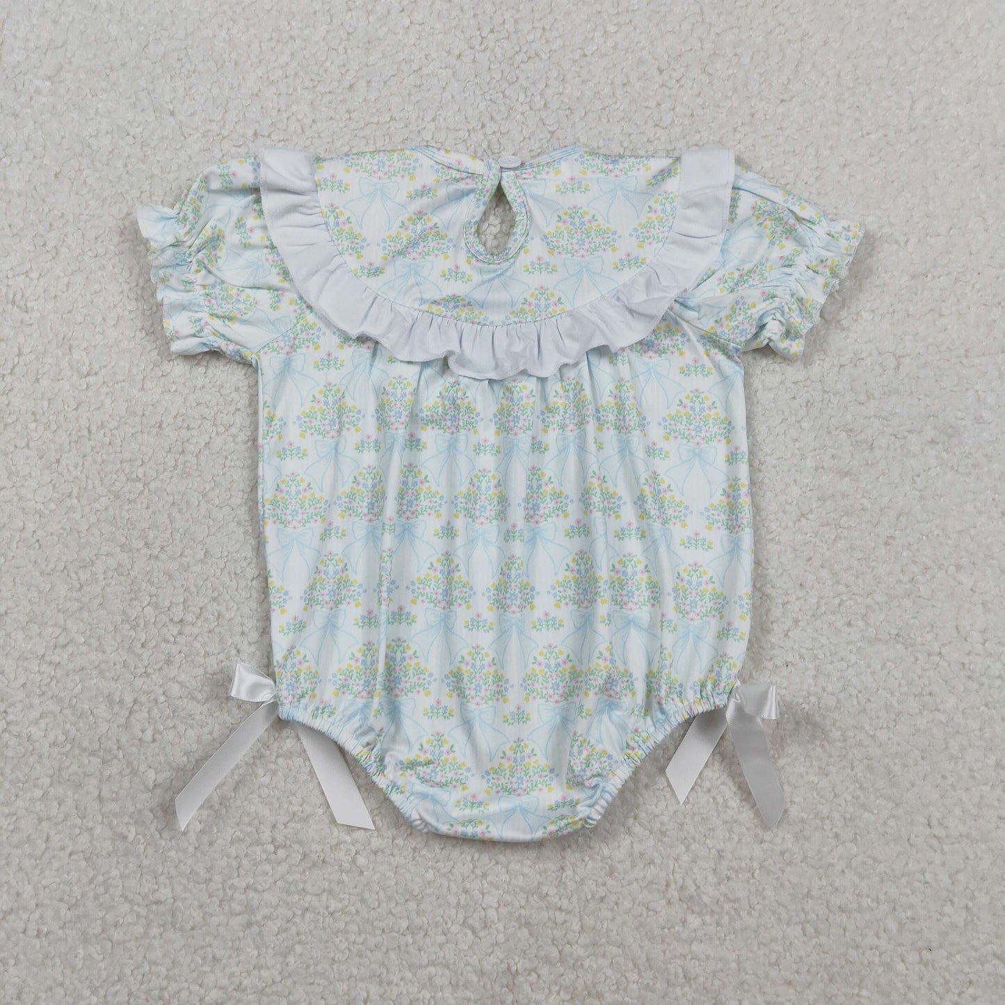 Baby Girls Kids Short Sleeves Embroidery Smocked Bows Floral Bubble Romper RTS