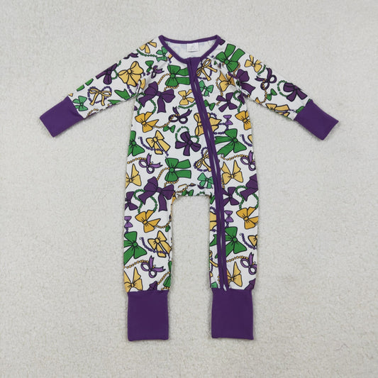 RTS Baby Girls Kids Long Sleeves Mardi Gras Bows Purple Zipper Sleeper Romper