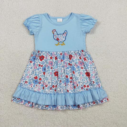 Baby Girls Blue Short Sleeves Embroidery Chicken Floral Knee Length Dress RTS