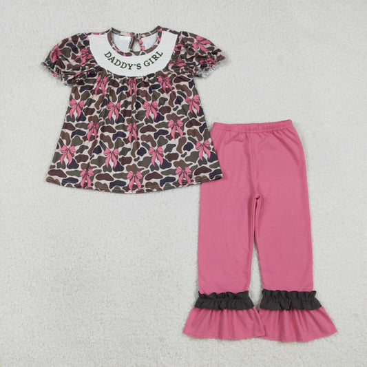 RTS Baby Kids Toddler Embroidery Smocked Daddy's Girl Camo Bows Tunic Pink Pants Set