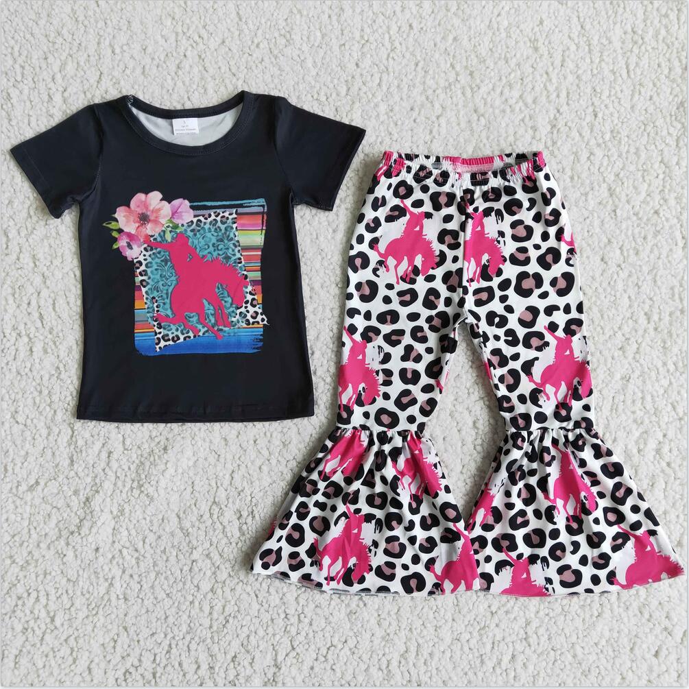 b1-27 Flower Horse Cute Girl Short Sleeve Kid Clothes Kid Boutique Wholesale Outfit