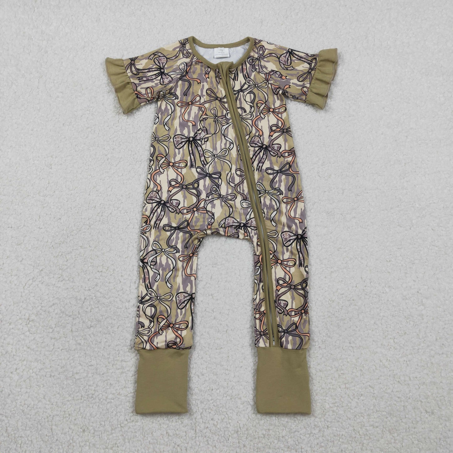 Baby Girls Kids Short Sleeves Camo Bows Zipper Sleeper Footie Romper RTS