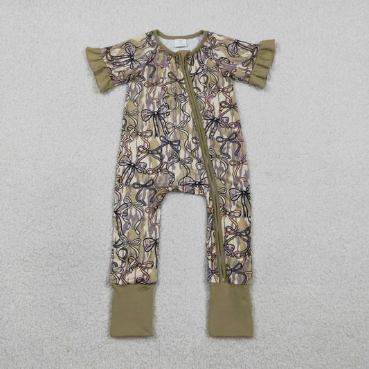 Baby Girls Kids Short Sleeves Camo Bows Zipper Sleeper Footie Romper RTS