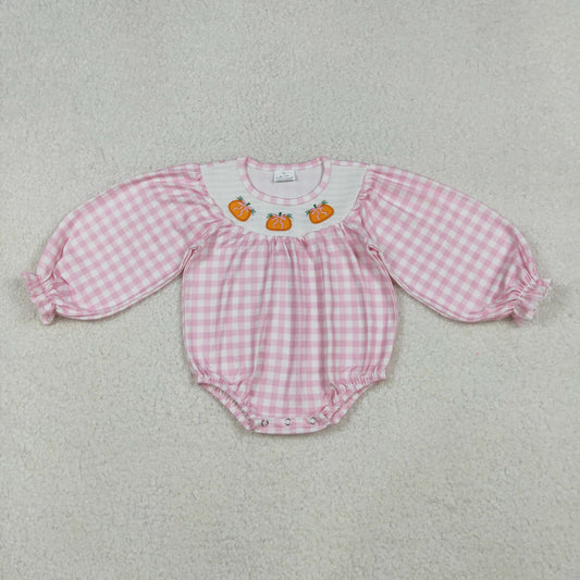 RTS Baby Girl Long Sleeves Embroidery Pumpkin Bows Pink Checked Smocked Romper