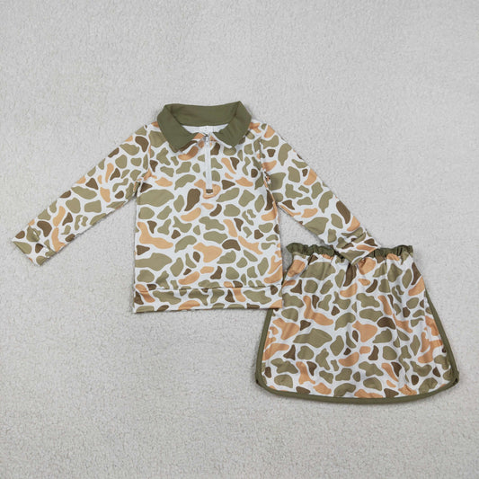 Baby Girls Long Sleeves Orange Green Camo Zipper Pullover Skirt Shorts Set RTS