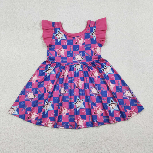 RTS Baby Girls Pink Short Sleeves Music Character Checked Twirl Knee Length Dress