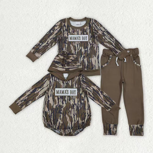 RTS Sibling Baby Boys Kids Long Sleeves Embroidery Mama's Boy Camo Romper Set