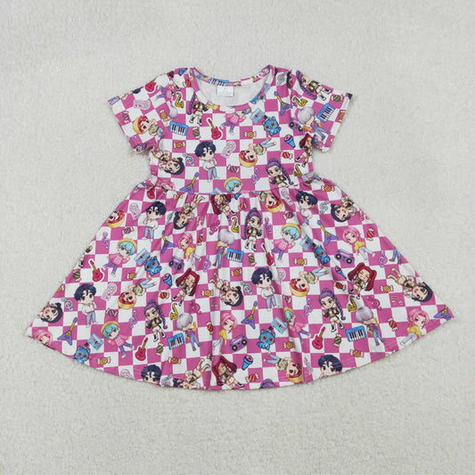 RTS Baby Girls Kids Short Sleeves Music Character Plaid Knee Length Dress