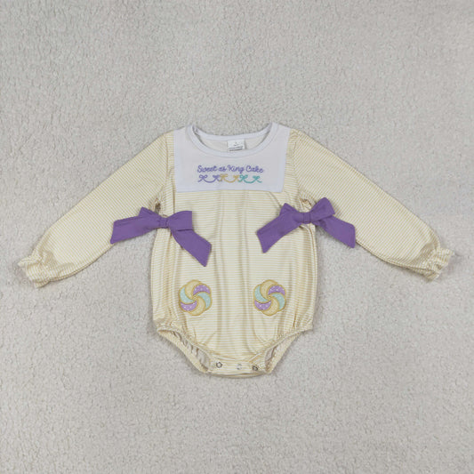 RTS Baby Girls Infant Long Sleeves Embroidery Sweet Cake Bows Mardi Gras Bubble Romper