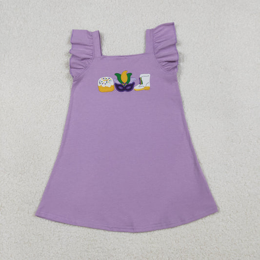 RTS Baby Girls Kids Short Sleeves Embroidery Masks Donuts Boots Mardi Gras Purple Knee Length Dress