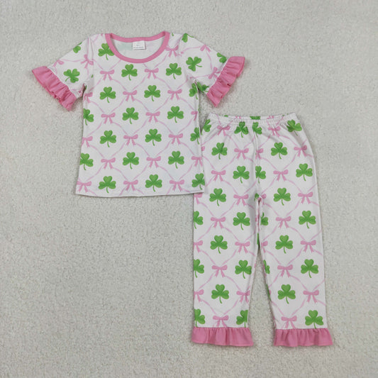 RTS Baby Girl Short Sleeves St Patrick Pink Bows Shirt Pants Pajamas Clothes Set