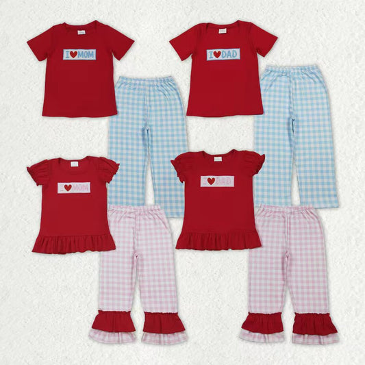 RTS Baby Boys Girls Embroidery I Love Dad Mom Plaid Set Sibling Matching Outfit
