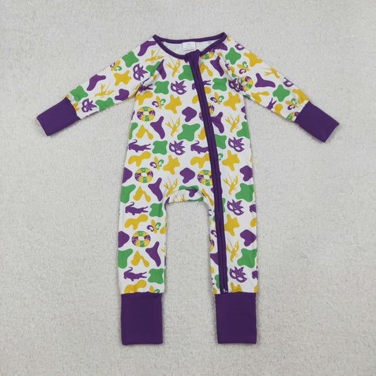 RTS Toddler Kids Long Sleeves Mardi Gras Camo Purple Zipper Pajamas Romper