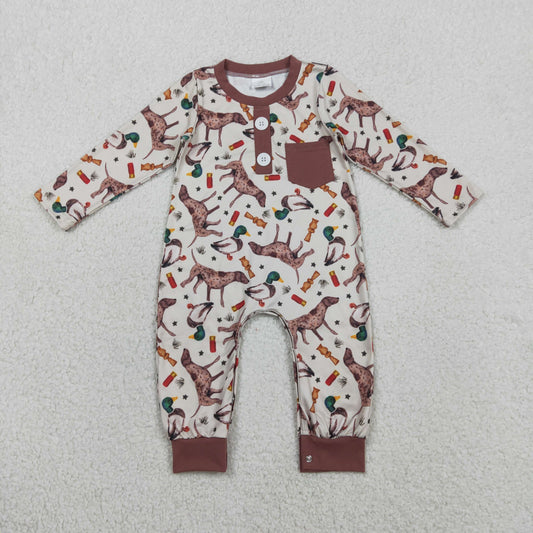 RTS Baby Boy Infant Long Sleeves Ducks Dogs Buttons Pocket Hunting Romper