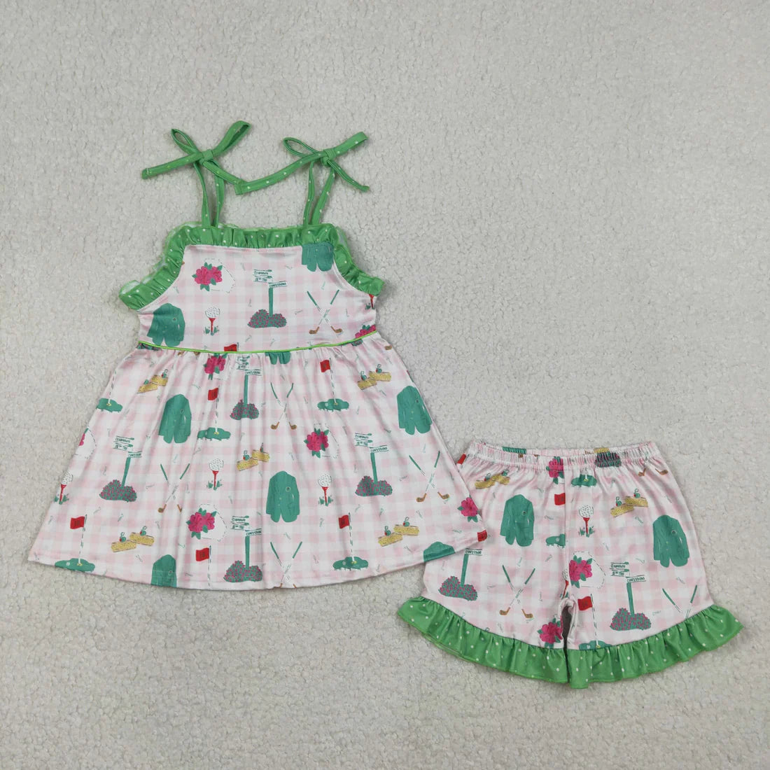 RTS Sibling Baby Girls Kids Straps Golf Plaid Summer Bubble Romper Set