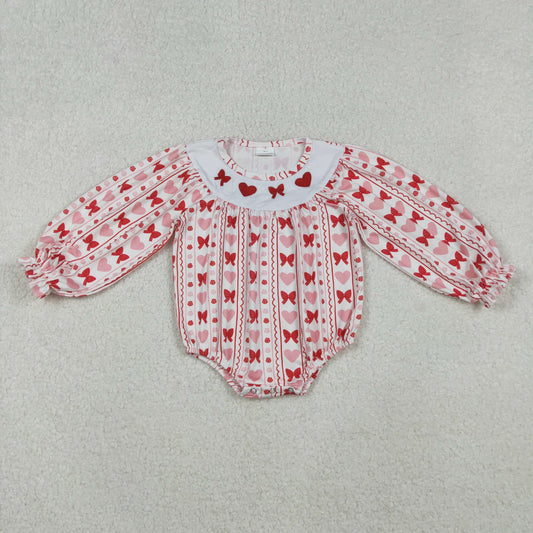 RTS Baby Girl Long Sleeves Embroidery Red Hearts Bows Valentine's Day Bubble Romper