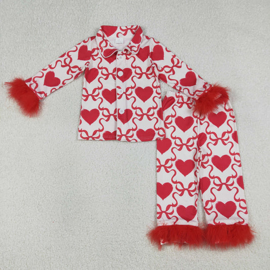 RTS Baby Girls Red Fur Long Sleeves Hearts Bows Buttons Shirt Pants Valentine Set Pajamas