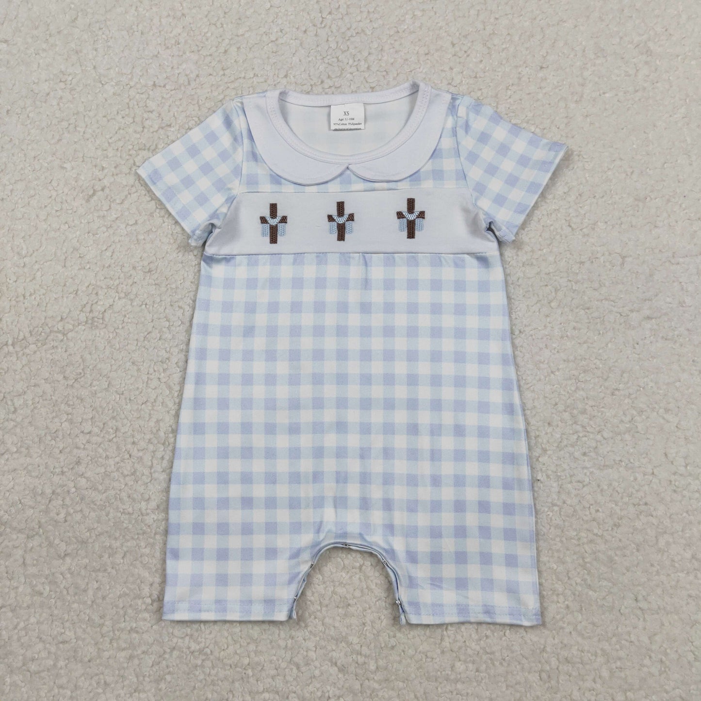 Sibling Baby Boys Infant Embroidery Crosses Blue Plaid Easter Rompers RTS