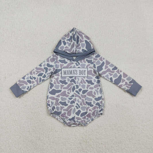 RTS Baby Boys Long Sleeves Embroidery Mama's Boy Hoodie Grey Camo Bubble Romper
