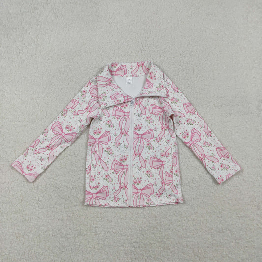 RTS Baby Girl Long Sleeves Pink Floral Bows Pockets Yoga Active Zipper Shirt Tops