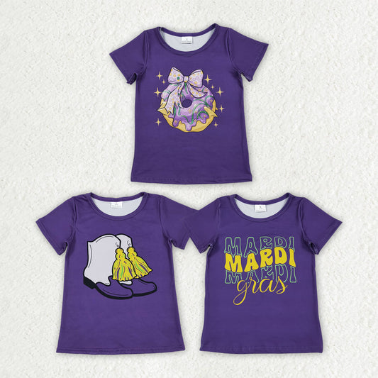 RTS Sibling Baby Girls Purple Short Sleeves Bows Boots Donuts Mardi Gras Shirts Tops
