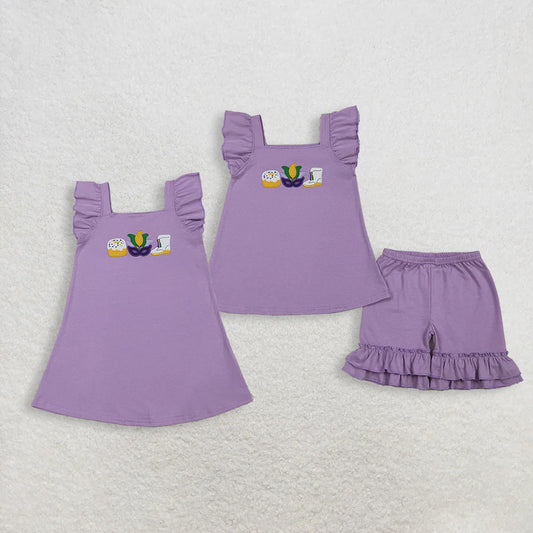 RTS Sibling Baby Girls Kids Embroidery Masks Donuts Boots Mardi Gras Purple Dress Set Cotton Clothes