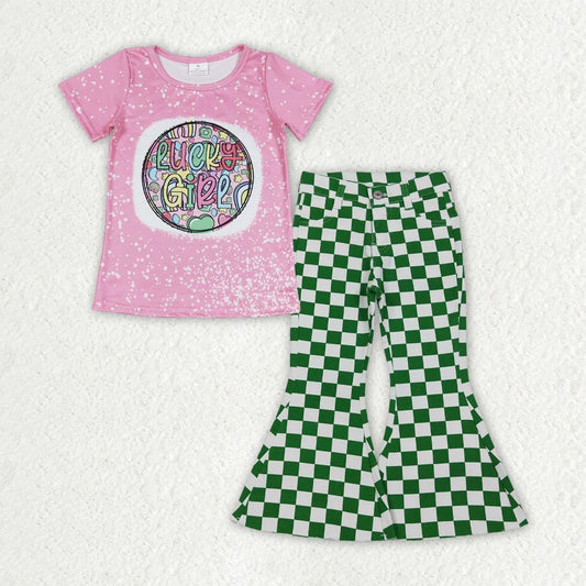 RTS Baby Girls Kids Pink Short Sleeves Shirt Green Checked Denim Jeans Pants St. Patrick's Day Set