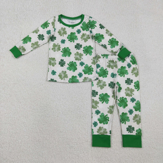 RTS Baby Kids Long Sleeves Clovers Shirt Pants St Patrick Green Pajamas Set