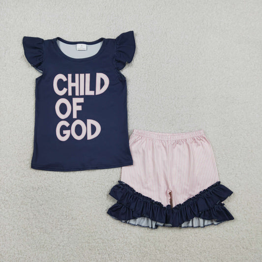 Baby Girls Short Sleeves Child of God Navy Shirt Ruffle Shorts Clothes Set RTS