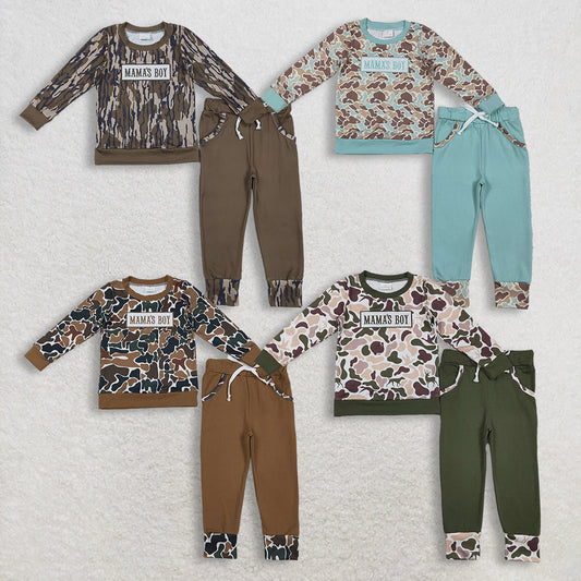 RTS Sibling Baby Boys Kids Long Sleeves Embroidery Mama's Boy Camo Shirt Pockets Pants Sets