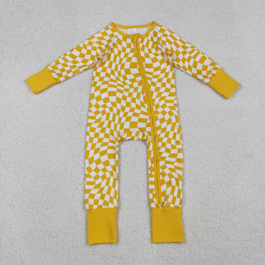 RTS Baby Boys Infant Long Sleeves Yellow Checkered Zipper Romper