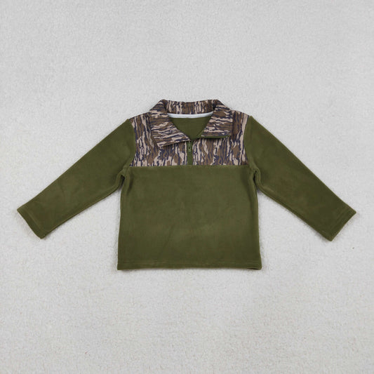 RTS Baby Boy Green Long Sleeves Camo Zipper Fleece Pullover Shirt Tops