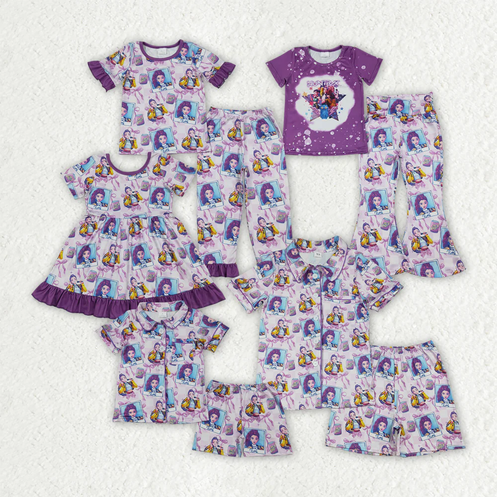 RTS Sibling Baby Girls Adult Women Short Sleeves Singer Characters Purple Bows Dress Family Pajamas Set