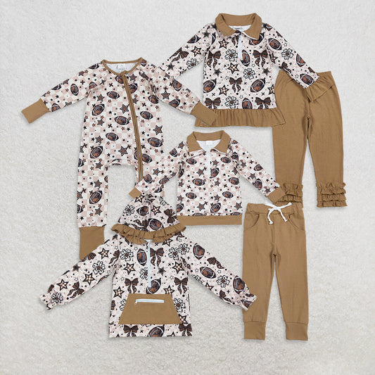 RTS Sibling Boys Girls Kids Long Sleeves Flower Bows Football Zipper Romper Shirt Set