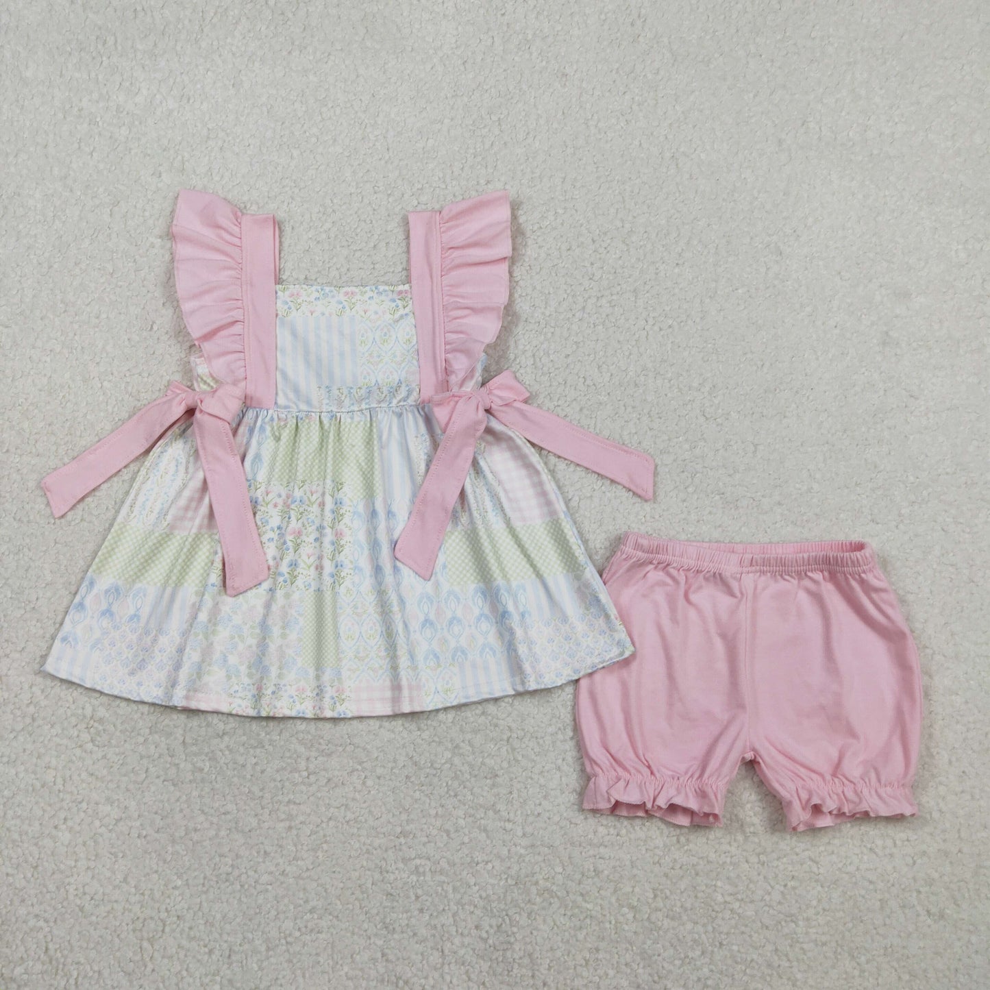 Baby Girls Short Sleeves Floral Bows Tunic Pink Shorts Clothes Set RTS