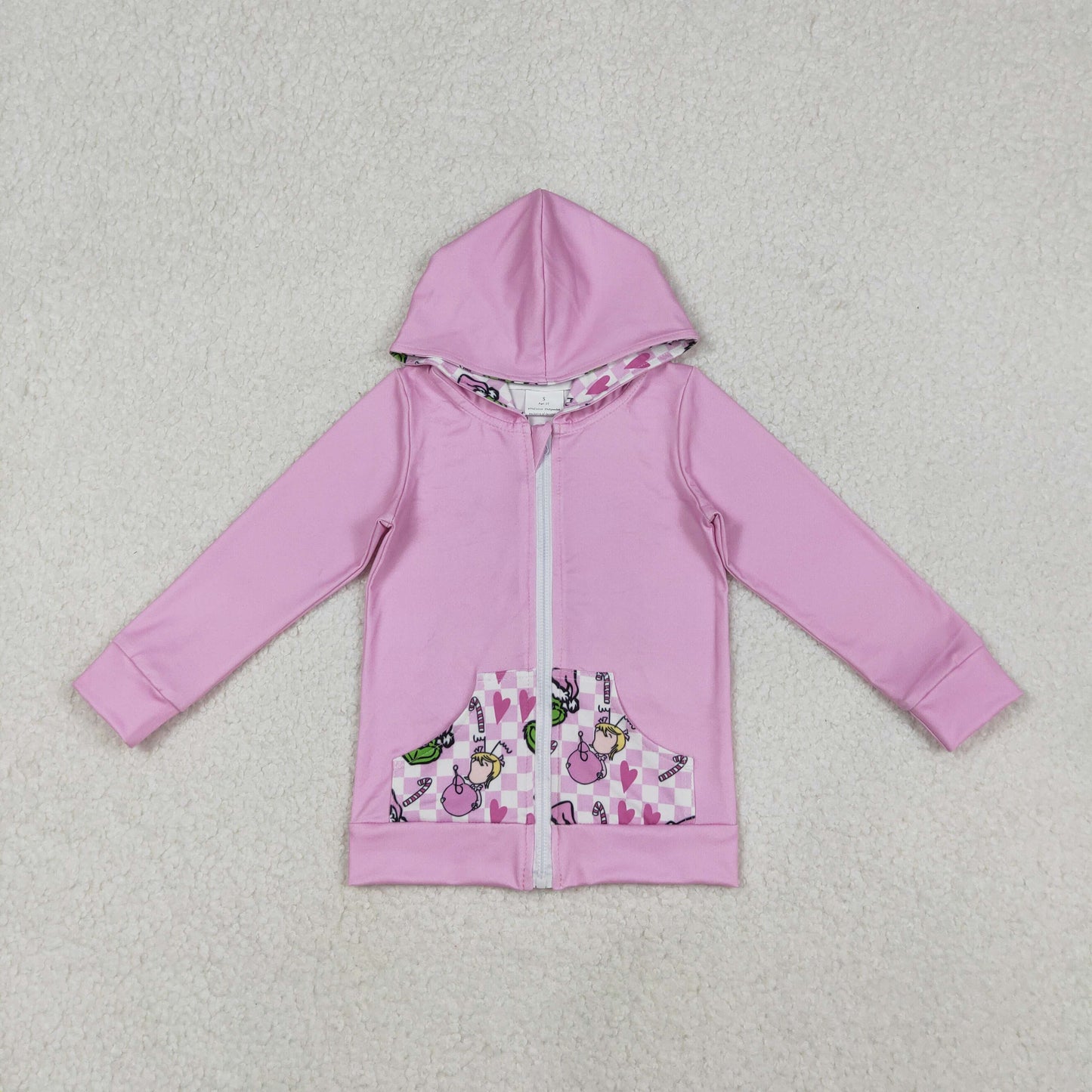 RTS Baby Girl Pink Long Sleeves Green Face Christmas Hoodie Zipper Pockets Tops