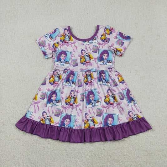 RTS Baby Girls Short Sleeves Singer Characters Purple Bows Ruffle Knee Length Dress
