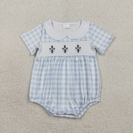 Baby Boys Short Sleeves Embroidery Crosses Plaid Easter Bubble Romper RTS
