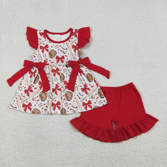RTS Baby Girl Short Sleeves Baseball Bows Tunic Red Shorts Girls Clothes Set