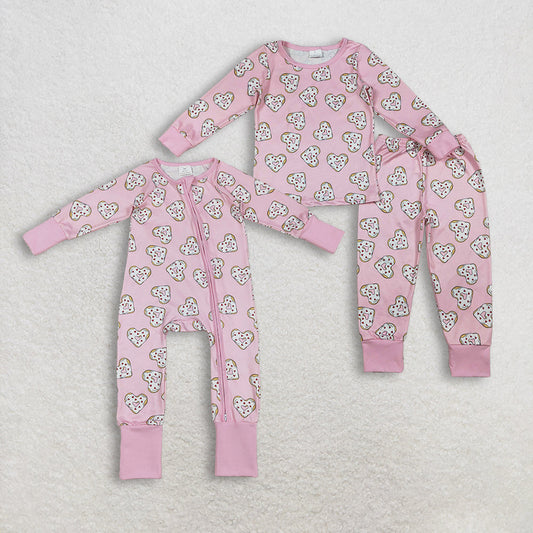 RTS Sibling Baby Girls Kids Long Sleeves Donuts Hearts Valentines Pink Zipper Romper Pajamas Set