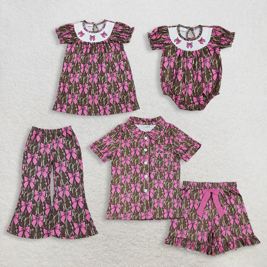 RTS Sibling Girls Kids Adult Women Embroidery Bows Southern Camo Smocked Dress Romper Pajamas Pants