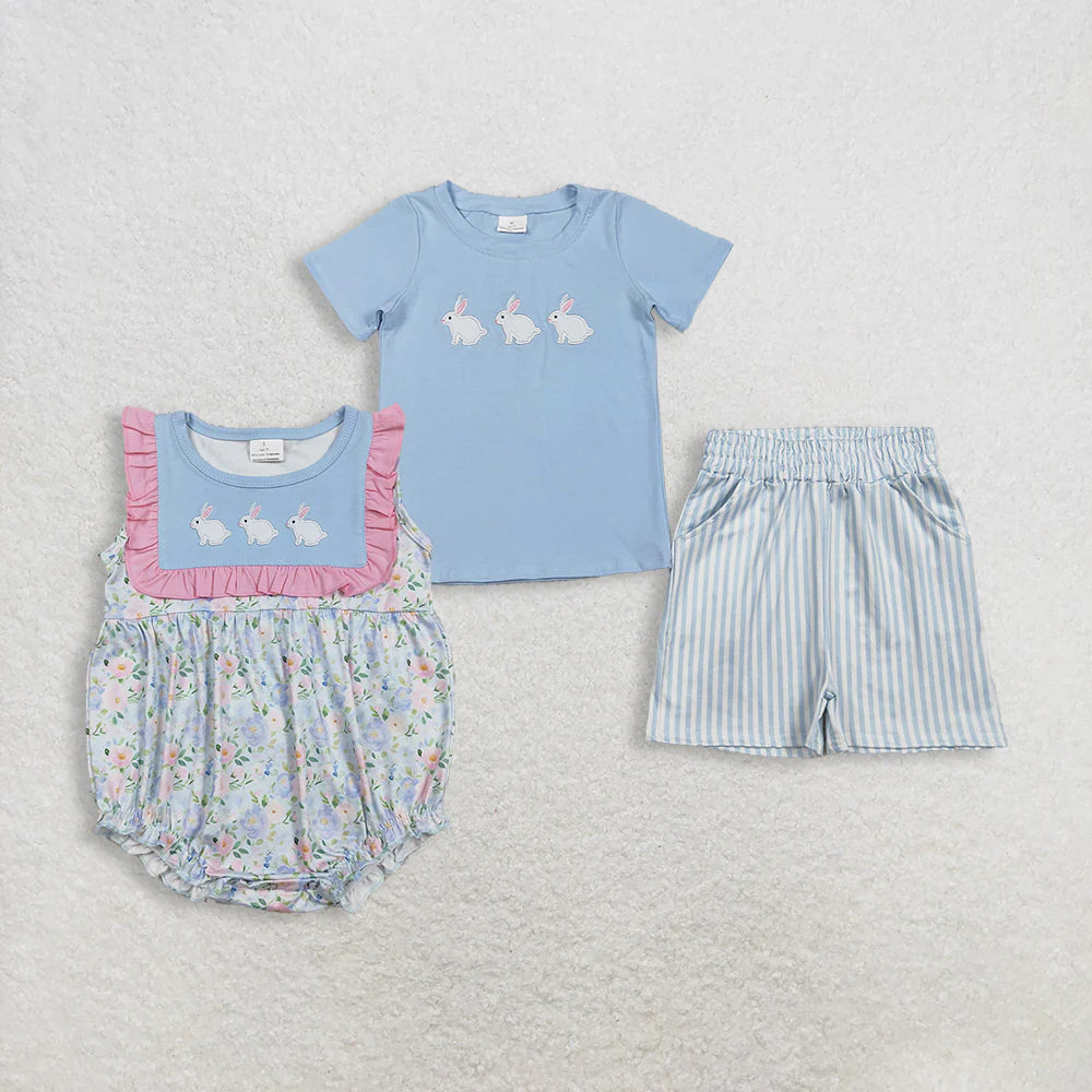 RTS Sibling Baby Boys Kids Embroidery Rabbits Shirt Stripes Pockets Shorts Set Romper Easter Clothes